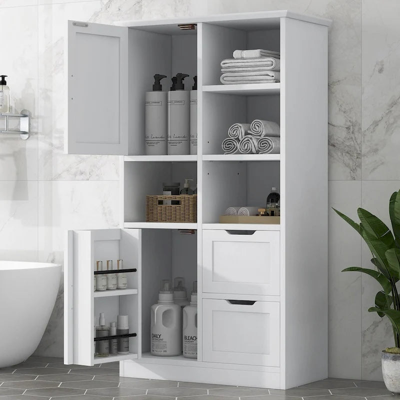 Bathroom Storage Cabinet with Doors and Drawers,Multiple Storage Space, Freestanding Style,Open Shelve,Adjustable Shelf,White