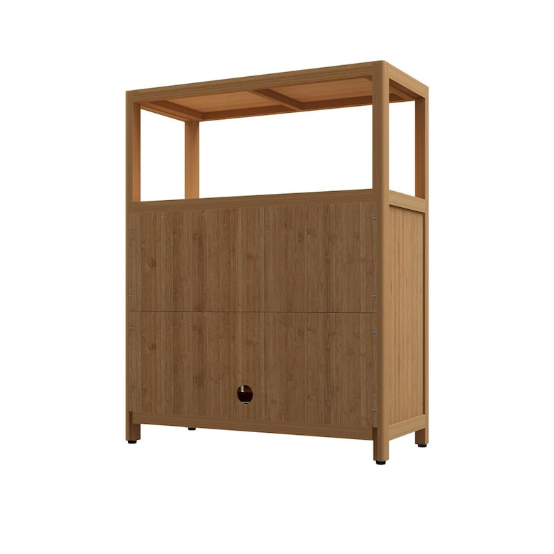 Freestanding Bathroom Linen Cabinet, Natural Bamboo Wood Cabinet with Flat Doors and Open Storage Shelf