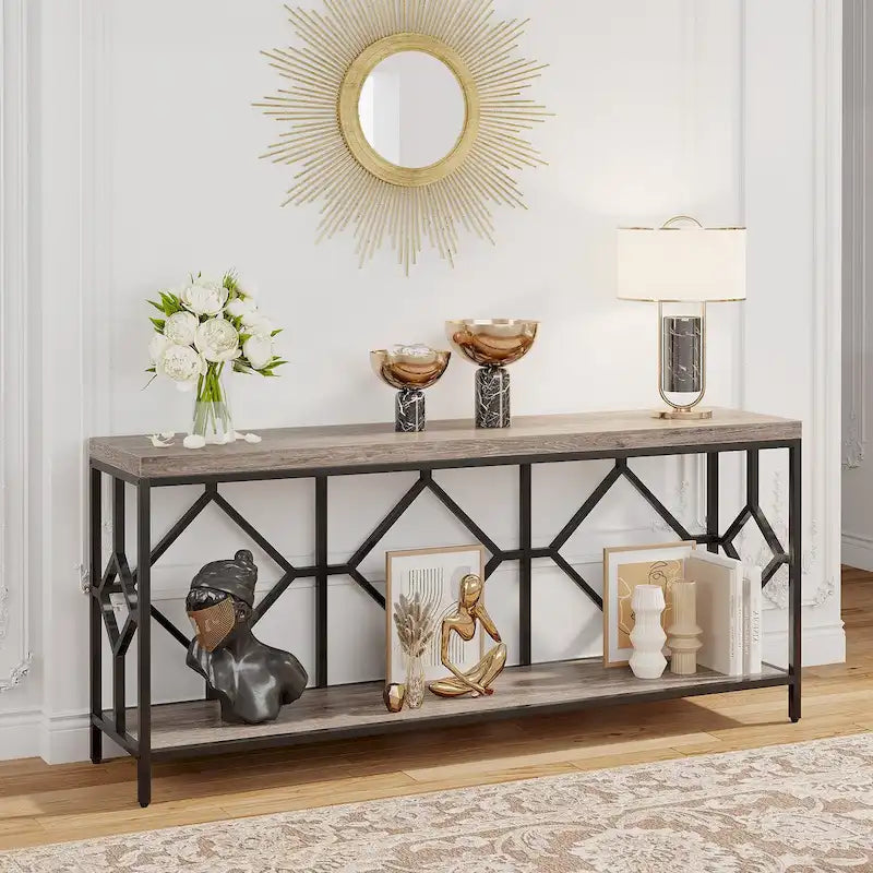Console de canapé avec étagère de rangement ouverte, tables de canapé longues et étroites de style industriel