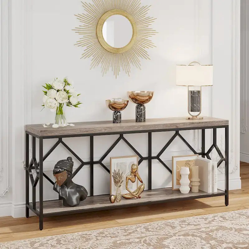 Console de canapé avec étagère de rangement ouverte, tables de canapé longues et étroites de style industriel