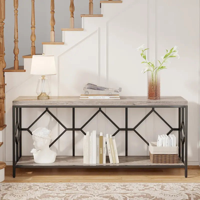 Console de canapé avec étagère de rangement ouverte, tables de canapé longues et étroites de style industriel