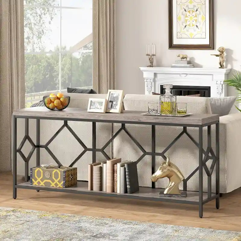 Console de canapé avec étagère de rangement ouverte, tables de canapé longues et étroites de style industriel