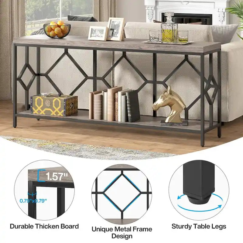 Console de canapé avec étagère de rangement ouverte, tables de canapé longues et étroites de style industriel