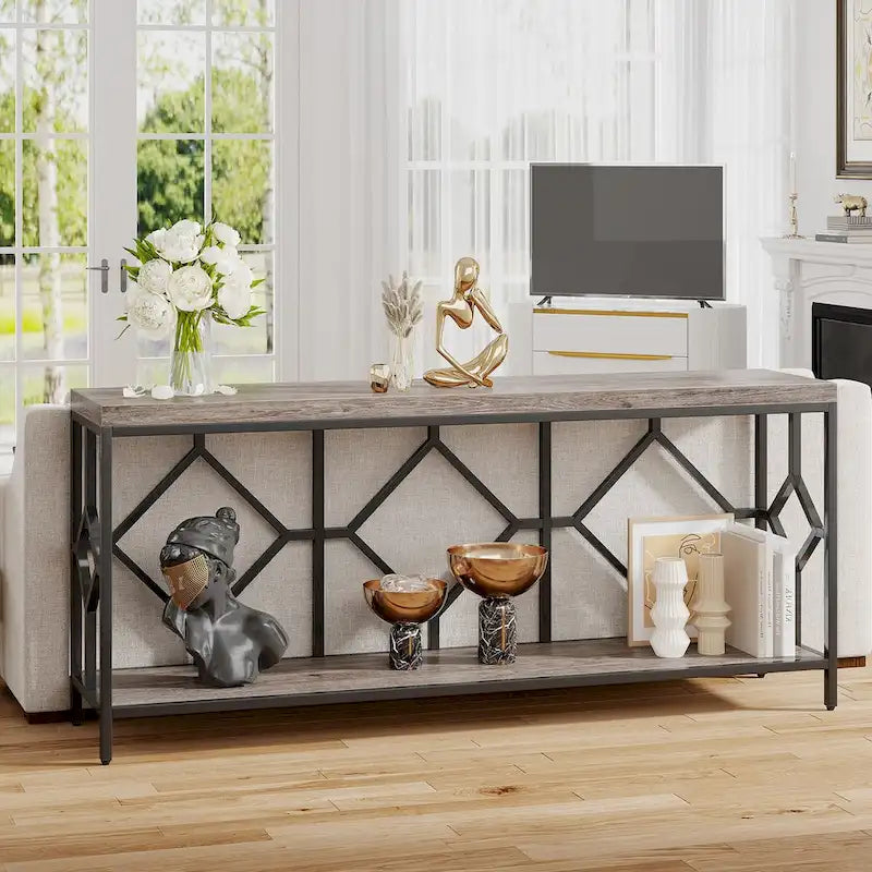 Console de canapé avec étagère de rangement ouverte, tables de canapé longues et étroites de style industriel