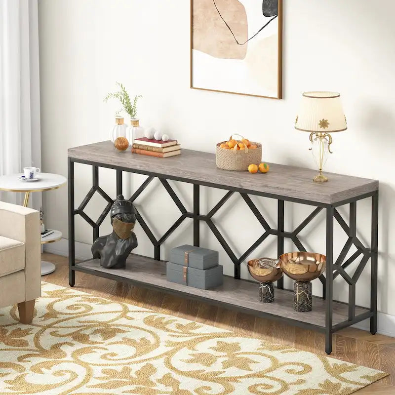 Console de canapé avec étagère de rangement ouverte, tables de canapé longues et étroites de style industriel