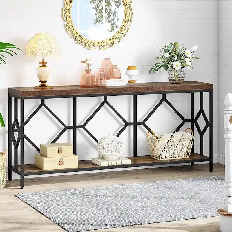 Console de canapé avec étagère de rangement ouverte, tables de canapé longues et étroites de style industriel