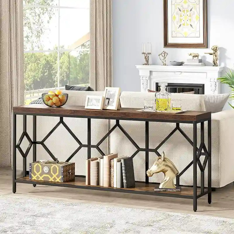 Console de canapé avec étagère de rangement ouverte, tables de canapé longues et étroites de style industriel