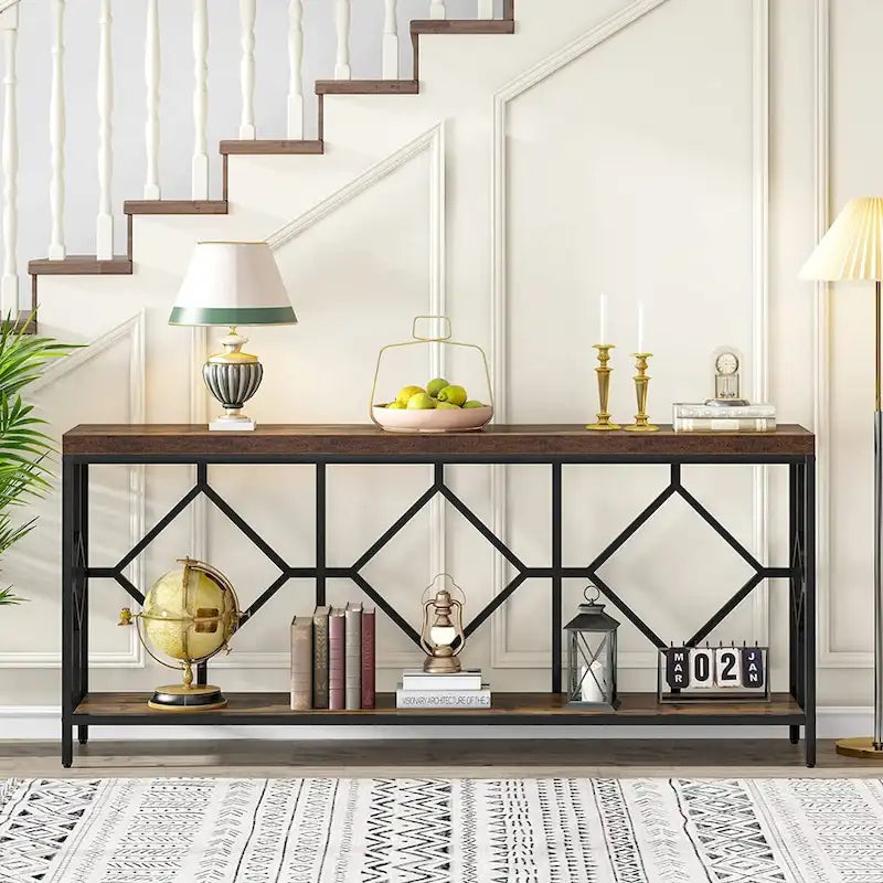 Console de canapé avec étagère de rangement ouverte, tables de canapé longues et étroites de style industriel