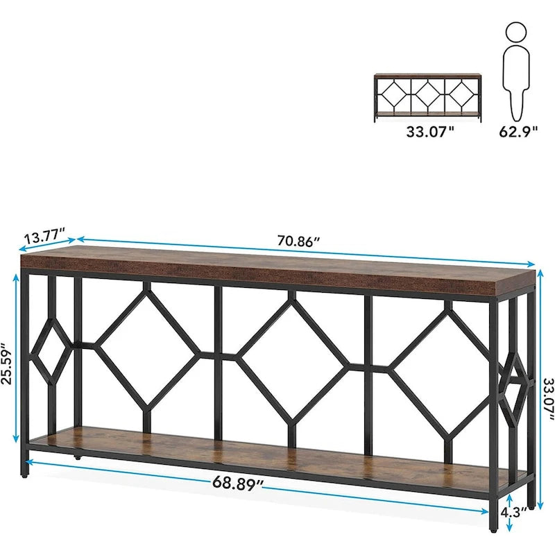 Console de canapé avec étagère de rangement ouverte, tables de canapé longues et étroites de style industriel