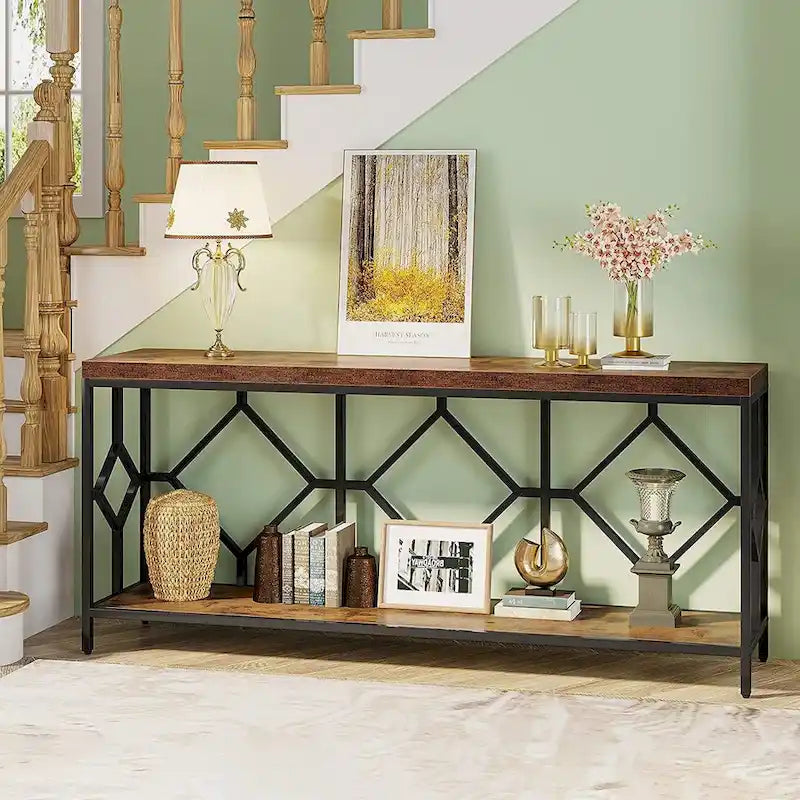 Console de canapé avec étagère de rangement ouverte, tables de canapé longues et étroites de style industriel