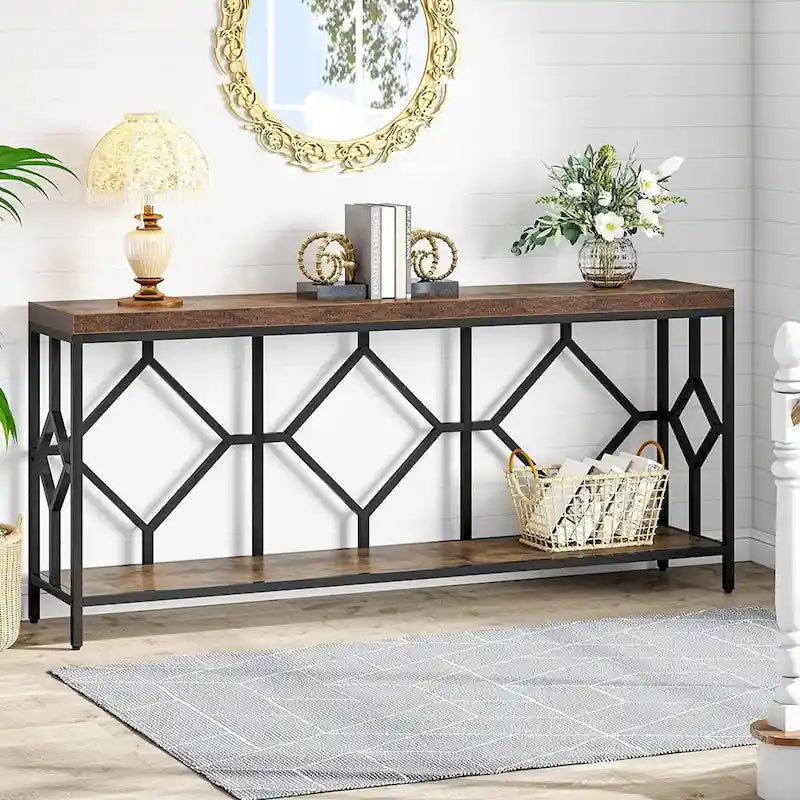 Console de canapé avec étagère de rangement ouverte, tables de canapé longues et étroites de style industriel