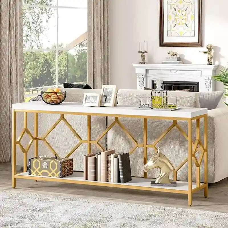 Console de canapé avec étagère de rangement ouverte, tables de canapé longues et étroites de style industriel