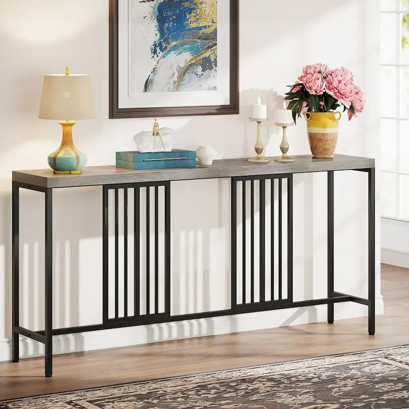 Console de canapé avec étagère de rangement ouverte, tables de canapé longues et étroites de style industriel