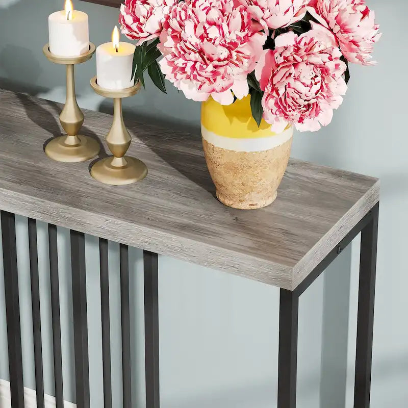 Console de canapé avec étagère de rangement ouverte, tables de canapé longues et étroites de style industriel