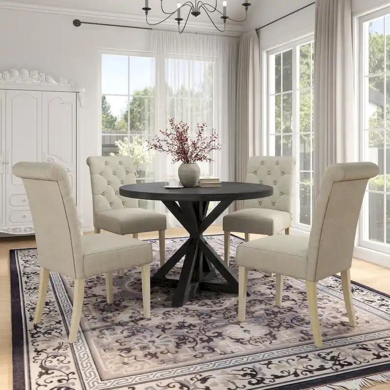 Roundhill Furniture Banff 5-Piece Round Dining Set, Cross-Buck Round Table with 4 Tufted Chairs