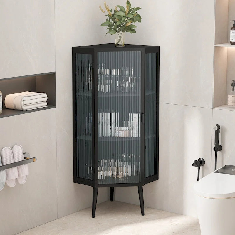 22.25 Floor Coner Cabinet, Three Tiers with Tempered Glass Doors and Storage Shelves for Bathroom, Living Room and Bedroom