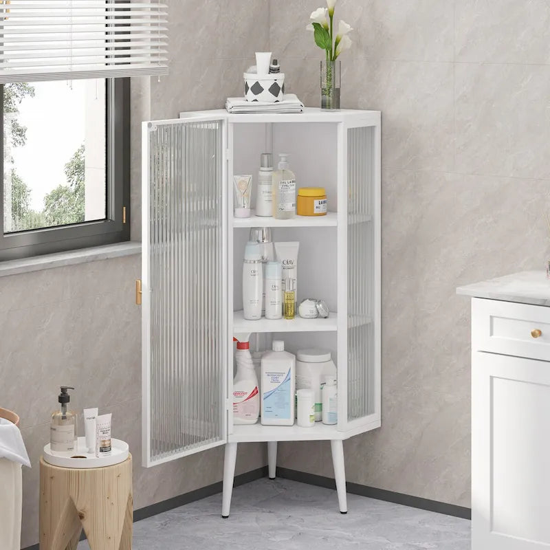 22.25 Floor Coner Cabinet, Three Tiers with Tempered Glass Doors and Storage Shelves for Bathroom, Living Room and Bedroom