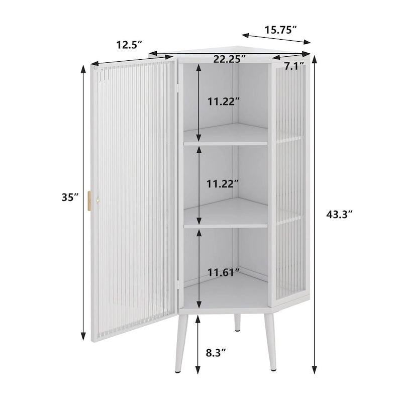 22.25 Floor Coner Cabinet, Three Tiers with Tempered Glass Doors and Storage Shelves for Bathroom, Living Room and Bedroom