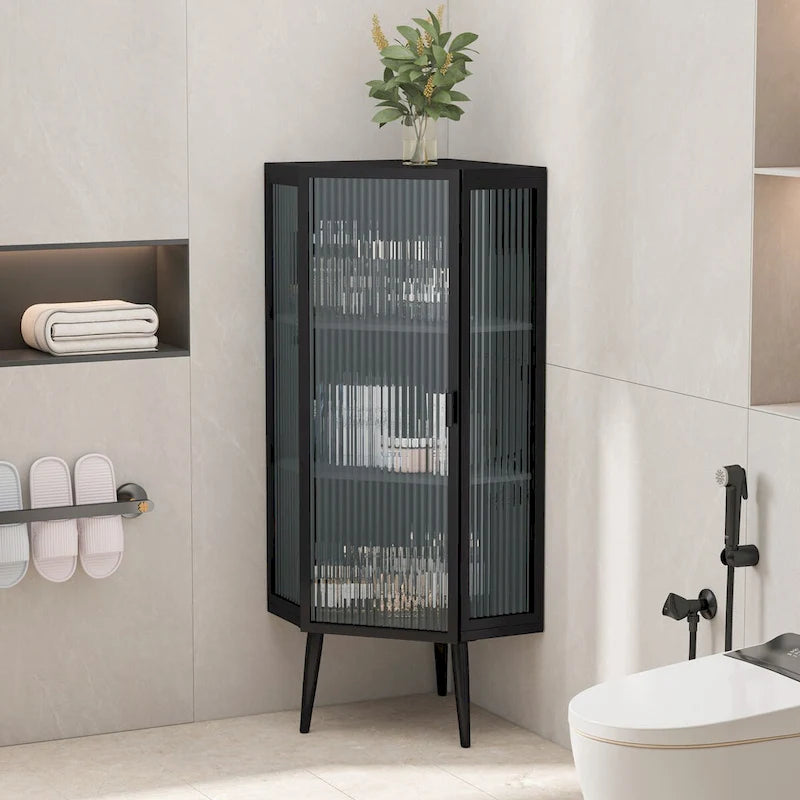 22.25 Floor Coner Cabinet, Three Tiers with Tempered Glass Doors and Storage Shelves for Bathroom, Living Room and Bedroom