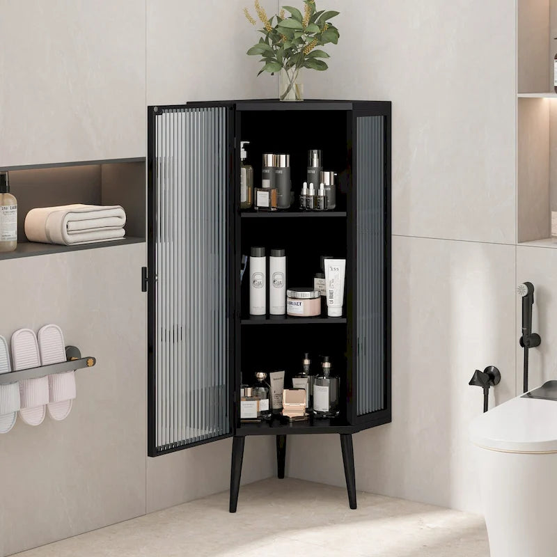 22.25 Floor Coner Cabinet, Three Tiers with Tempered Glass Doors and Storage Shelves for Bathroom, Living Room and Bedroom