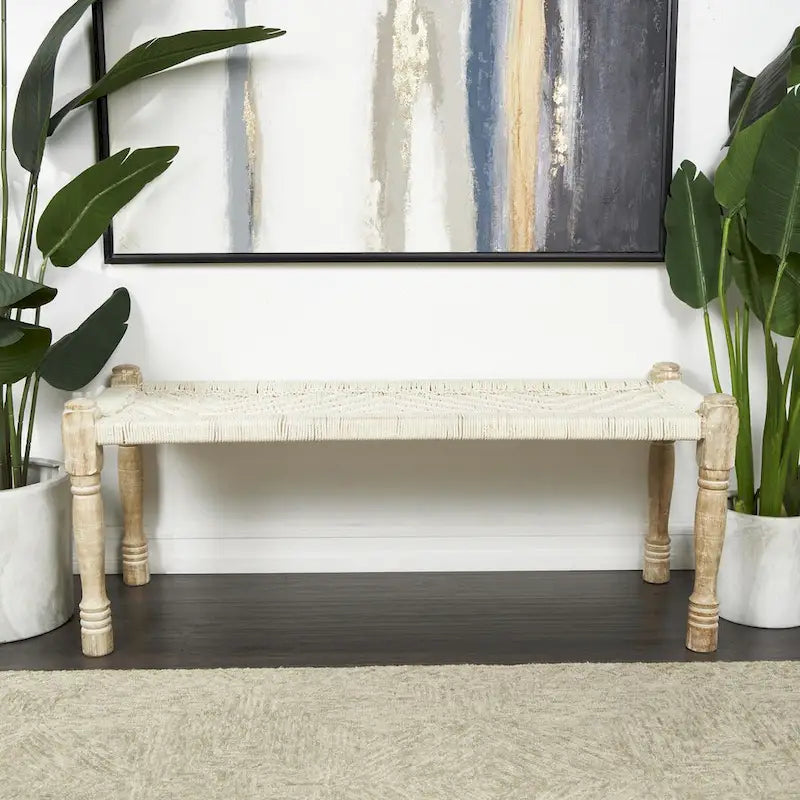 Cotton Fabric Handmade Woven Chevron Patterned Home Bench with Light Brown Mango Wood Legs - Beige - Roche River Decor