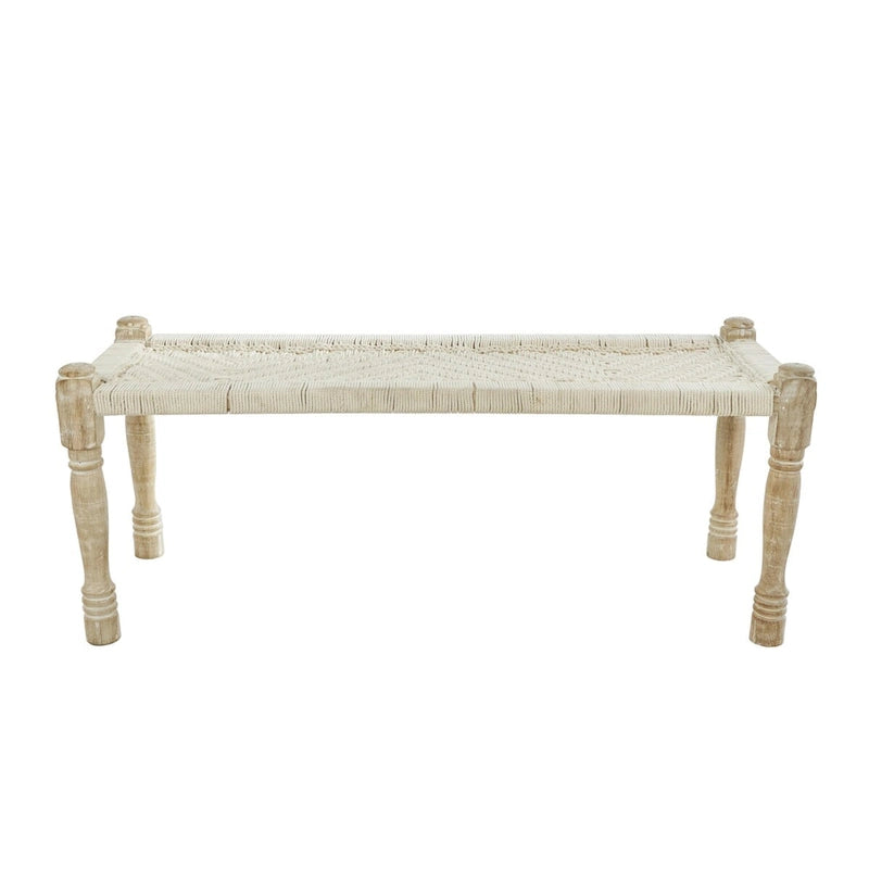 Cotton Fabric Handmade Woven Chevron Patterned Home Bench with Light Brown Mango Wood Legs - Beige - Roche River Decor