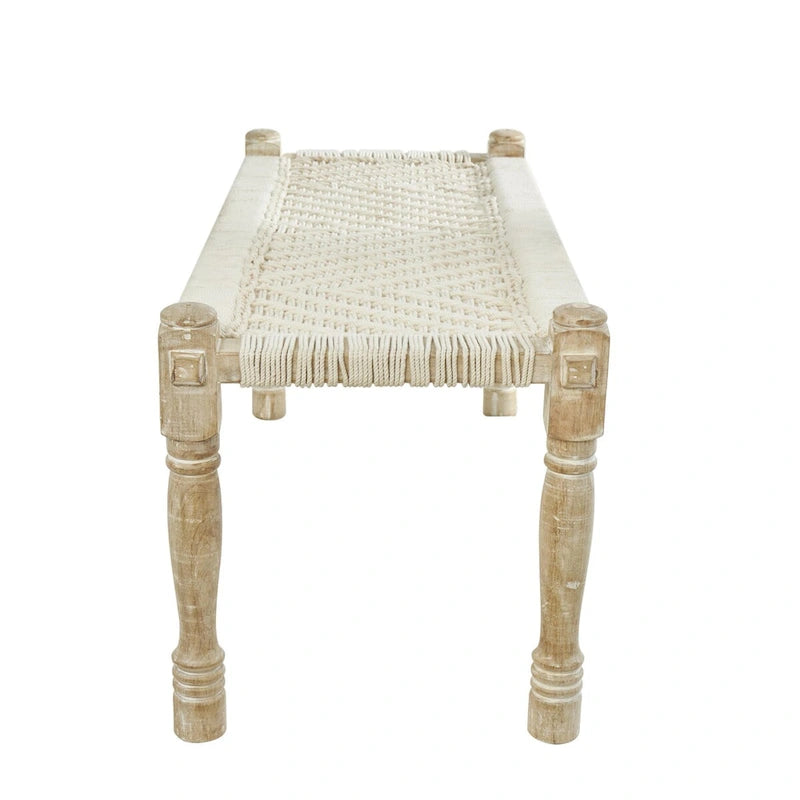Cotton Fabric Handmade Woven Chevron Patterned Home Bench with Light Brown Mango Wood Legs - Beige - Roche River Decor