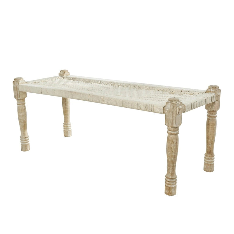 Cotton Fabric Handmade Woven Chevron Patterned Home Bench with Light Brown Mango Wood Legs - Beige - Roche River Decor
