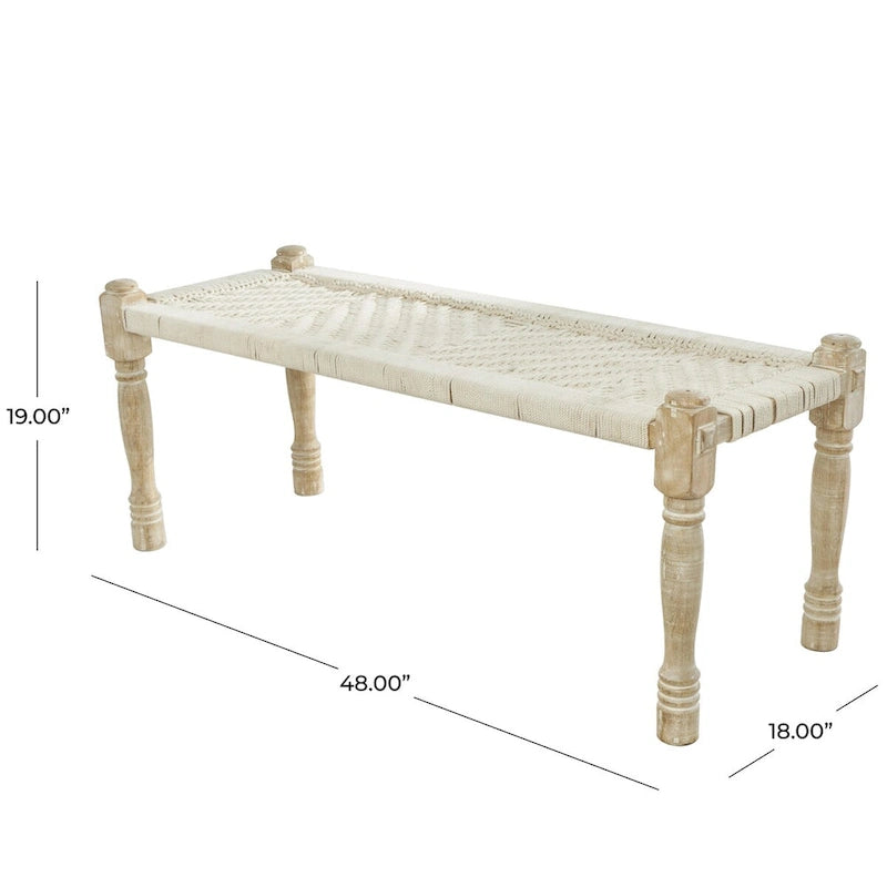 Cotton Fabric Handmade Woven Chevron Patterned Home Bench with Light Brown Mango Wood Legs - Beige - Roche River Decor