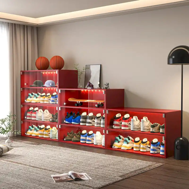 Red LED Light Shoe Box Three Layers With Glass Doors, Expertly Made of Wood