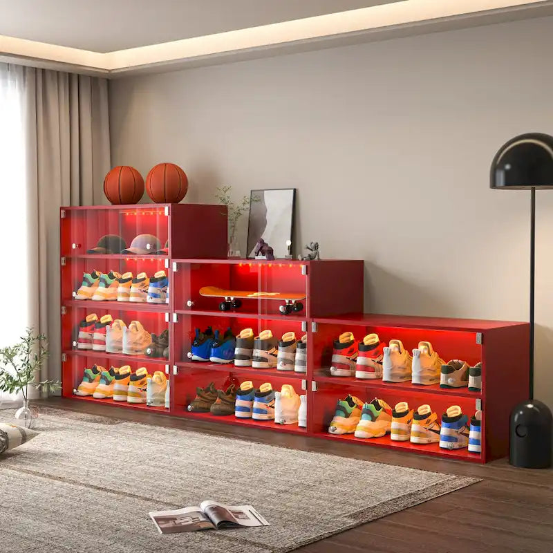 Red LED Light Shoe Box Three Layers With Glass Doors, Expertly Made of Wood