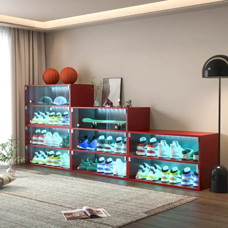 Red LED Light Shoe Box Three Layers With Glass Doors, Expertly Made of Wood
