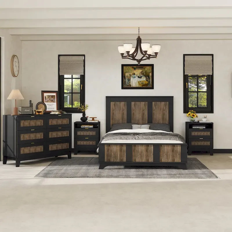 4-Pieces Bedroom Sets,Full Size Farmhouse Platform Bed with Wooden Strip Decoration,Storage Nightstand and Dresser