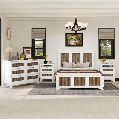 4-Pieces Bedroom Sets,Full Size Farmhouse Platform Bed with Wooden Strip Decoration,Storage Nightstand and Dresser