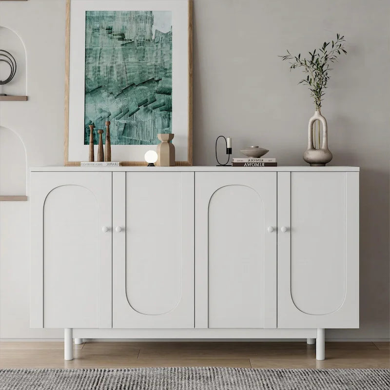 Roomfitters 4-Door Intaglio Storage Cabinet with Pine Legs, Solid Wood Pulls, and MDF, Stylish and Functional for Living Room