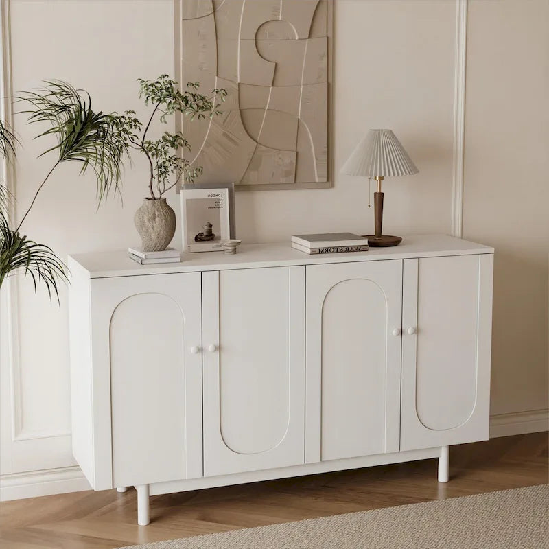 Roomfitters 4-Door Intaglio Storage Cabinet with Pine Legs, Solid Wood Pulls, and MDF, Stylish and Functional for Living Room