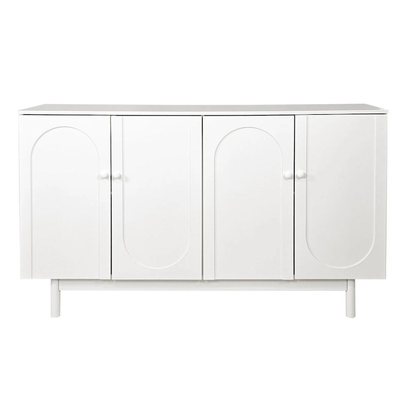 Roomfitters 4-Door Intaglio Storage Cabinet with Pine Legs, Solid Wood Pulls, and MDF, Stylish and Functional for Living Room