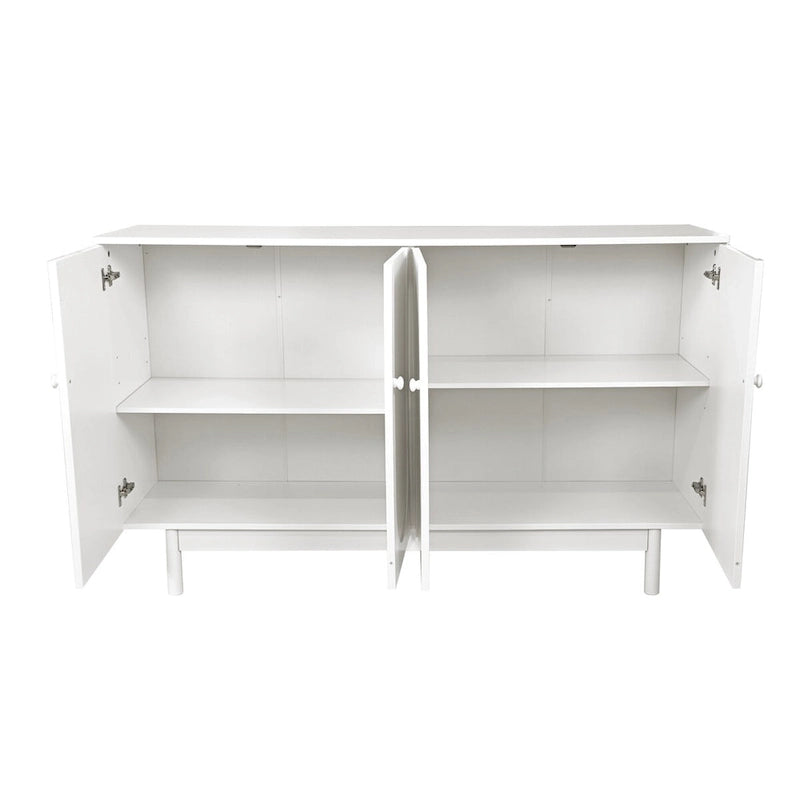 Roomfitters 4-Door Intaglio Storage Cabinet with Pine Legs, Solid Wood Pulls, and MDF, Stylish and Functional for Living Room