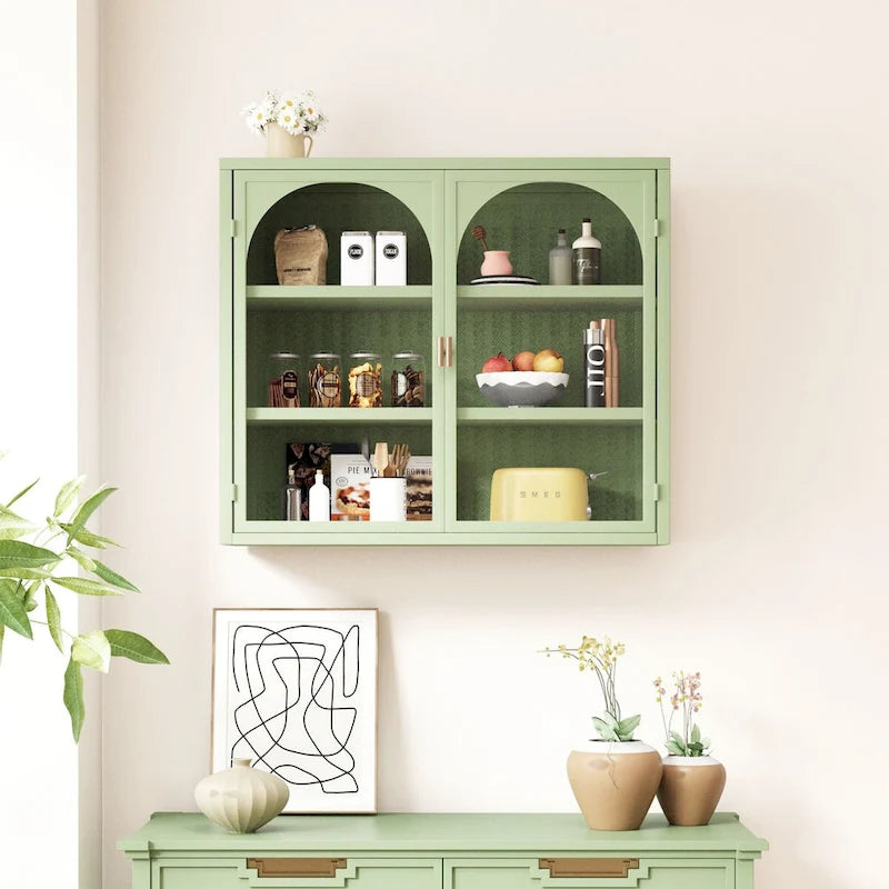 Roomfitters 27.56 Modern Glass Door Wall Cabinet with Three-Tier Storage for Entryway, Living Room, Bathroom