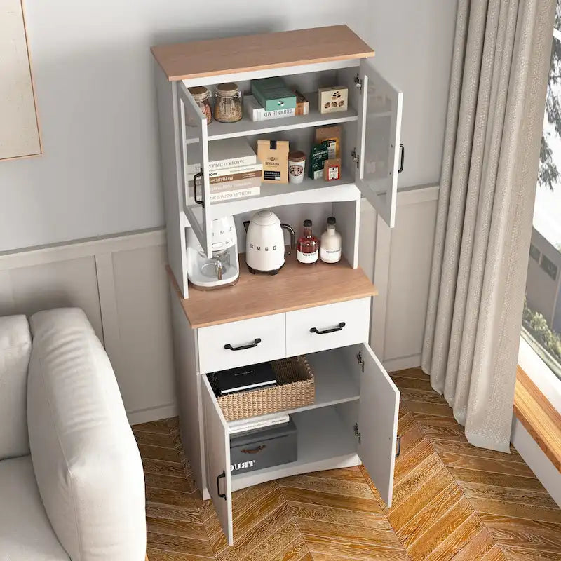 Wooden Kitchen Cabinet White Pantry Room Storage Microwave Cabinet with Framed Glass Doors and Drawer