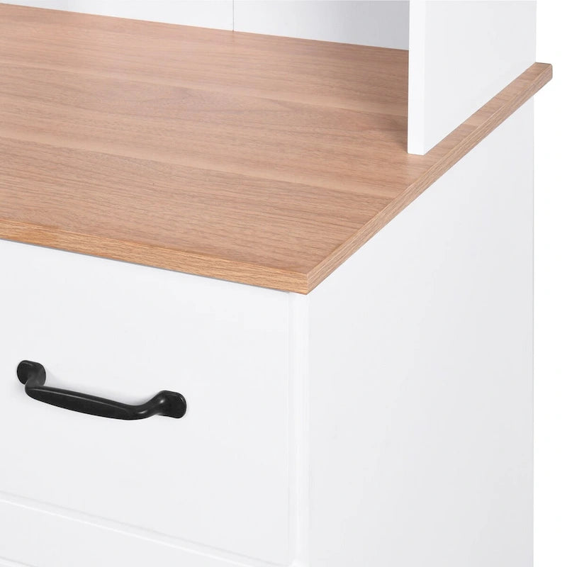 Wooden Kitchen Cabinet White Pantry Room Storage Microwave Cabinet with Framed Glass Doors and Drawer
