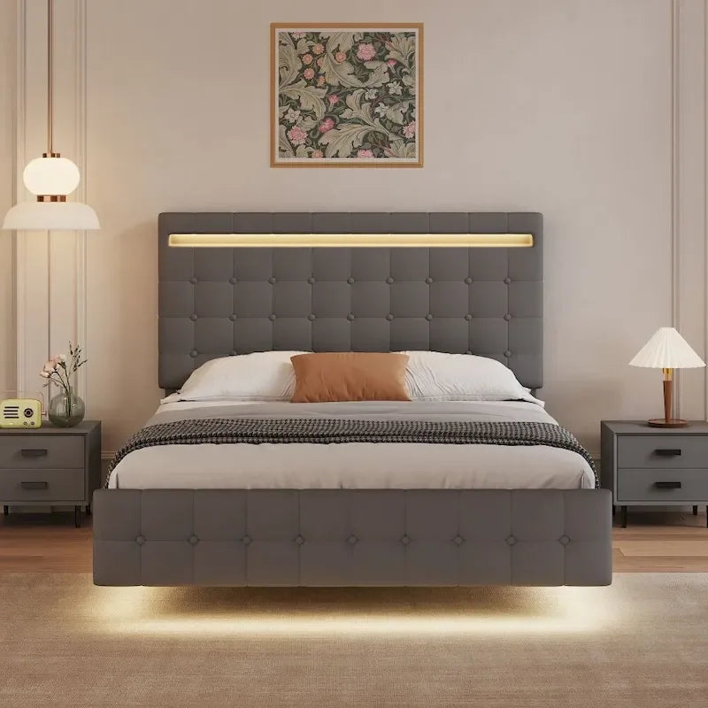 Floating Bed Frame Queen Size with LED Lights, Upholstered Headboard and Footboard Platform Bed