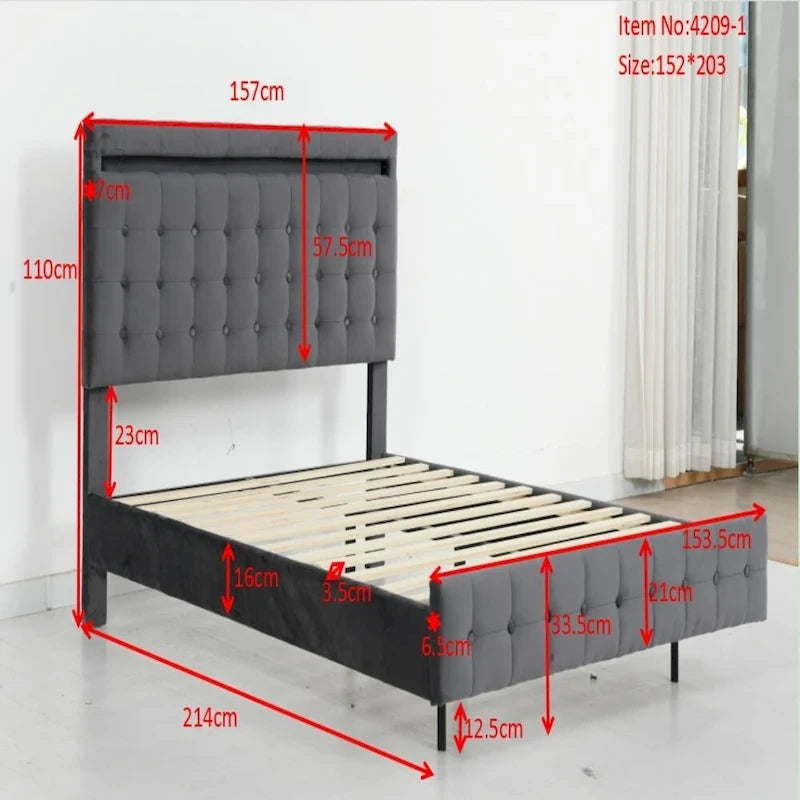 Floating Bed Frame Queen Size with LED Lights, Upholstered Headboard and Footboard Platform Bed
