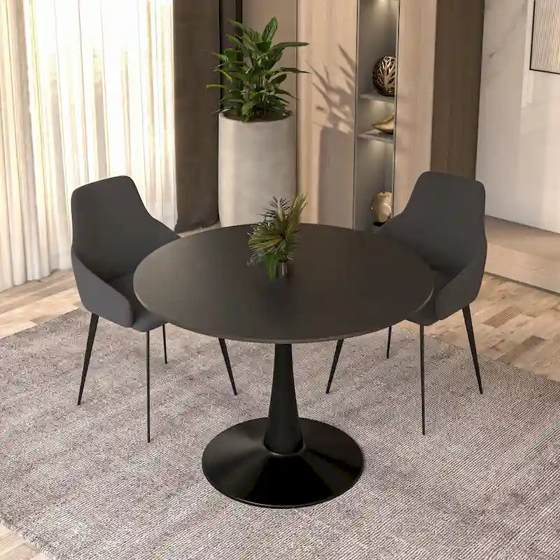 LeisureMod Bristol 40 Round Dining Table for 4 with MDF Wood Tabletop in Black Steel Base for Kitchen & Dining Room