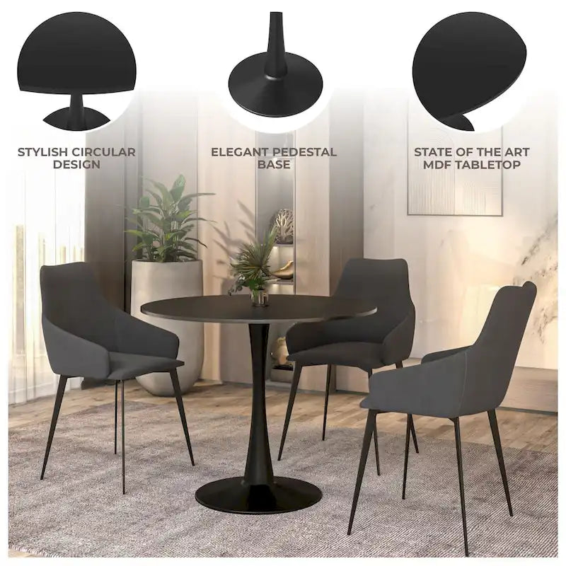 LeisureMod Bristol 40 Round Dining Table for 4 with MDF Wood Tabletop in Black Steel Base for Kitchen & Dining Room