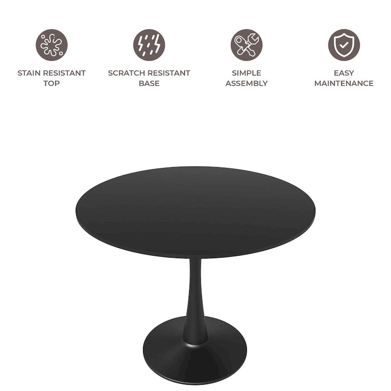 LeisureMod Bristol 40 Round Dining Table for 4 with MDF Wood Tabletop in Black Steel Base for Kitchen & Dining Room
