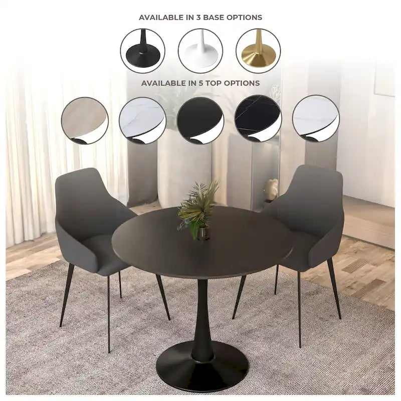 LeisureMod Bristol 40 Round Dining Table for 4 with MDF Wood Tabletop in Black Steel Base for Kitchen & Dining Room