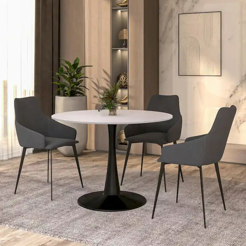 LeisureMod Bristol 40 Round Dining Table for 4 with MDF Wood Tabletop in Black Steel Base for Kitchen & Dining Room