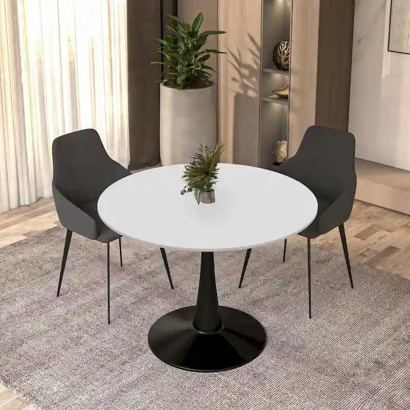 LeisureMod Bristol 40 Round Dining Table for 4 with MDF Wood Tabletop in Black Steel Base for Kitchen & Dining Room