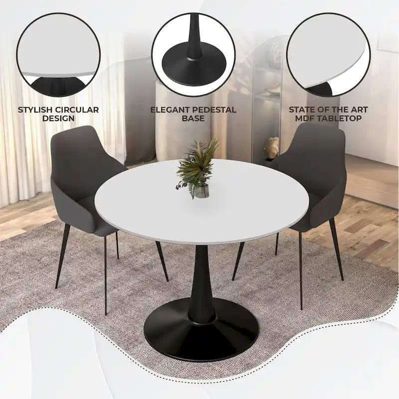LeisureMod Bristol 40 Round Dining Table for 4 with MDF Wood Tabletop in Black Steel Base for Kitchen & Dining Room